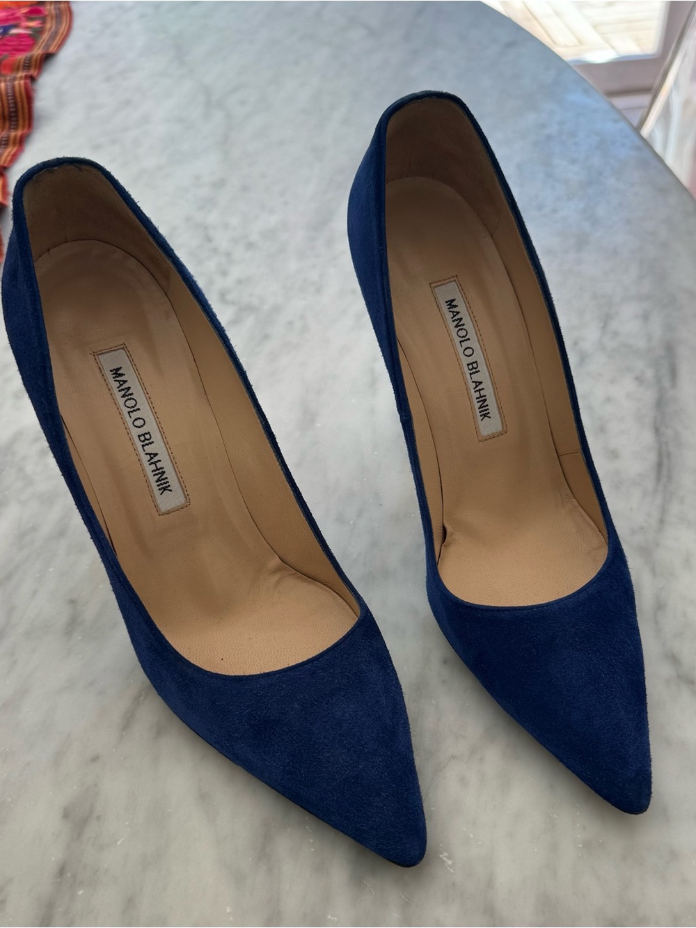 Manolo Blahnik Navy Suede Pointed Pumps